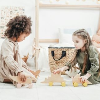 Surrounded by their toys. They can move freely while playing in their eco-friendly dress from Ecokiddoz; the fabric is breathable and soft. They giggle while arranging their toy figurines, giving each one a unique backstory.